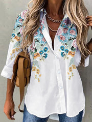 Floral Print Long Sleeve Shirt Women Lifestyle Casual Loose Comfortable Fashion Top