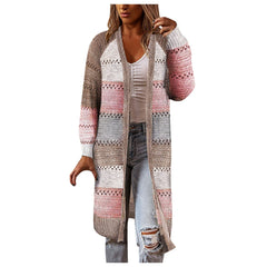 Striped Pocket Knit Cardigan Women Mid-Length Stylish Casual Warm Autumn Winter Fashion