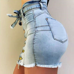 High Waist Denim Mini Skirt Women Slim Lace-Up Button Patchwork Casual Summer Fashion