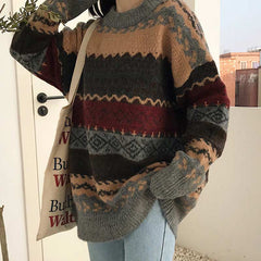 Retro Academia Knit Pullover Sweater Women Loose Korean Style Vintage Casual Winter Fashion
