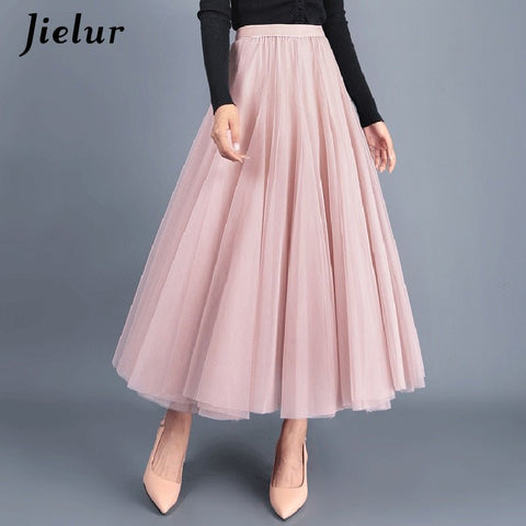 High Waist Asymmetric Tulle Midi Skirt Women French Mesh Pleated Elegant Loose Fashion