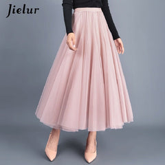 High Waist Asymmetric Tulle Midi Skirt Women French Mesh Pleated Elegant Loose Fashion