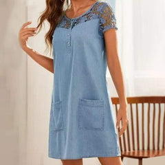 Denim Lace Midi Dress Women Short Sleeve V-Neck Button Pocket Party Casual Fashion Dress
