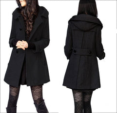 Hooded Wool Coat Women Chic Warm Winter Casual Elegant Outerwear Fashion Jacket