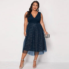 Plus Size Sequin Contrast Mesh Midi Dress Women Sleeveless Elegant Party Fashion Dress