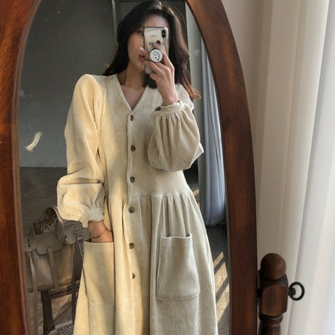 Corduroy Maxi Dress Women Elegant Pocket Vintage Full Sleeve Single Breasted Casual Fashion
