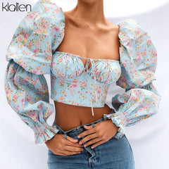 Puff Sleeve Floral Crop Top Women French Romantic Square Collar Elegant Spring Summer Party Fashion