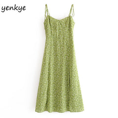 Floral Print Midi Dress Women Vintage Green Sleeveless Slit A-Line Casual Summer Fashion Dress