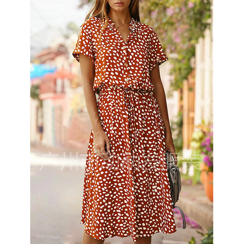 Polka Dot Print Midi Dress Women Short Sleeve Collared Drawstring Waist A-Line Casual Summer