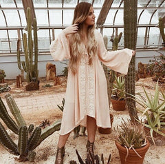 Long Sleeve Floral Embroidered Cotton Maxi Dress Women Casual Elegant Fashion Dress