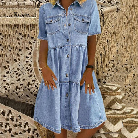 Plus Size Vintage Denim Maxi Dress Women Casual Boho Knee Length Beach Vacation Summer Fashion