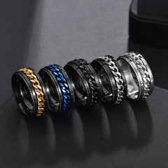 Rotatable Ring Women Titanium Stainless Steel Grooved Edge Link Chain Promise Wedding Jewelry Gift