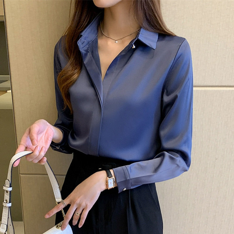 Satin Long Sleeve Shirt Blue