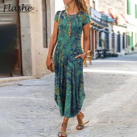 Plus Size Floral Print Boho Maxi Dress Women Short Sleeve Round Neck Pockets S-3XL Summer