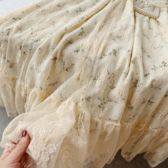 Floral Puff Sleeve Tea Dress Women Vintage Bodycon Lace Mesh Ruffle Casual Summer Fashion