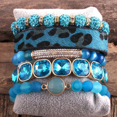Leopard Leather Bracelet Set 5-Piece Handmade Women Casual Fashion Jewelry Gift