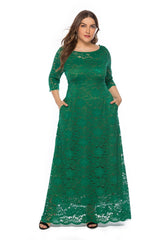 Plus Size Black Lace A-Line Maxi Dress Women 3/4 Sleeve Elegant Prom Homecoming Wedding Guest