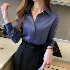 Long Sleeve Satin Blouse Women Pure Color Elegant Button Casual Office Spring Fashion
