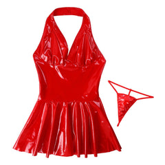 Faux Leather Backless Pleated Mini Dress Women Sleeveless Wet Look Club Party Fashion