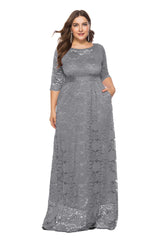 Plus Size Black Lace A-Line Maxi Dress Women 3/4 Sleeve Elegant Prom Homecoming Wedding Guest