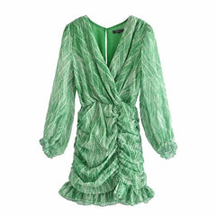 V-Neck Print Ruffle Sleeve Midi Dress Women Elegant Casual Party Summer Fashion Dress