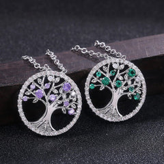 Tree of Life Pendant Necklace Women Purple Green Cubic Zirconia Elegant Jewelry Gift