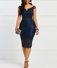 Women's Lace Off Shoulder Knee Dress Elegant Office Sheath Bodycon Dress