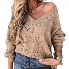 Women’s V-Neck Love Heart Hollow Casual Knit Sweater khaki