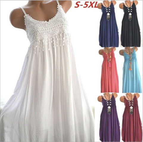 Plus Size Lace Patchwork Cotton Dress Women Loose Casual Summer Beach Vacation Fashion