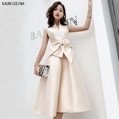 Satin Bow Cocktail Dress Women Champagne Sleeveless A-Line Elegant Wedding Guest Party Fashion