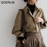 Dark Academia Clothing Autumn Winter Casual Shirt Coffee Brown Blouse For Women Office Work Clothes