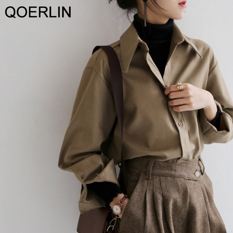 Dark Academia Blouse Women Coffee Brown Casual Office Work Autumn Winter Chic Fashion Top