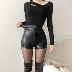 High Waist Faux Leather Shorts Women Black Casual Club Party Fashion