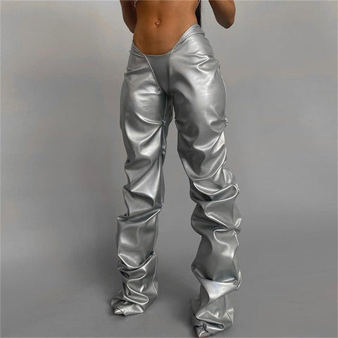 Faux Leather Shiny Pants Women Solid Irregular Shape Casual Club Party Fashion Trousers