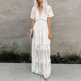 Loose Embroidery White Lace Long Tunic Beach Dress Maxi