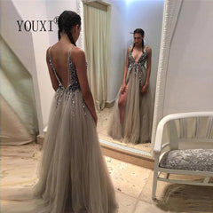 High Split Tulle Evening Gown Women Light Gray Sleeveless Elegant Prom Wedding Guest Fashion