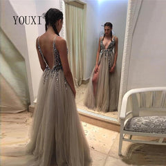 High Split Tulle Evening Gown Women Light Gray Sleeveless Elegant Prom Wedding Guest Fashion