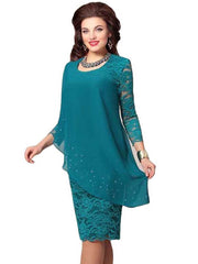 Plus Size Ruffle Patchwork Lace Mesh Dress Women 3/4 Sleeve Elegant Casual Party Fashion