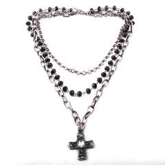 Black Glass Rosary Cross Pendant Necklace Chain Link Elegant Fashion Jewelry Gift