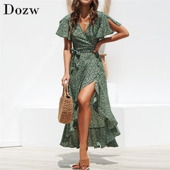 Floral Print Chiffon Boho Maxi Dress Women Long Ruffle Hem Casual Beach Vacation Summer Fashion