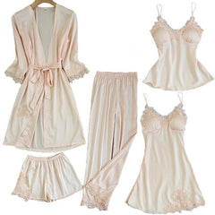 Satin Lace Pajama Set Women 2-5 Piece Night Robe Gown Sleepwear Casual Loungewear Fashion