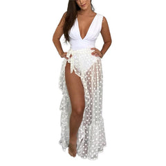 High Waist Sheer Mesh Maxi Skirt Women Transparent Side Split Ruffle Swimwear Cover Up Fashion