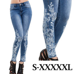 Low Rise Embroidered Jeans Women Slim Fit Stretchy Plus Size Denim Casual Fashion Trousers