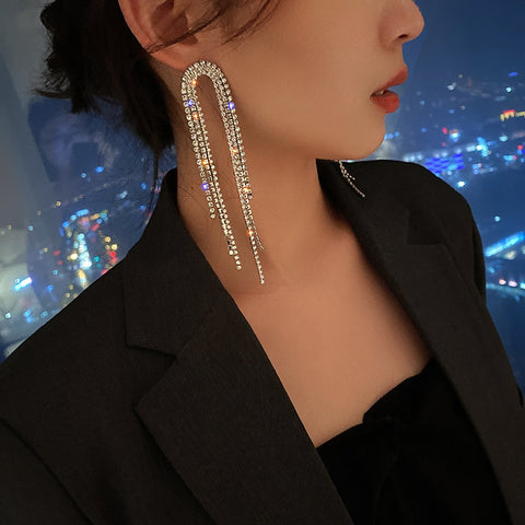 Rhinestone Tassel Drop Earrings Women Silver Long Crystal Sparkly Wedding Bride Jewelry Gift