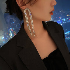Rhinestone Tassel Drop Earrings Women Silver Long Crystal Sparkly Wedding Bride Jewelry Gift