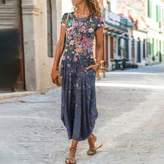 floral print, short-sleeved, A-line bohemian dress