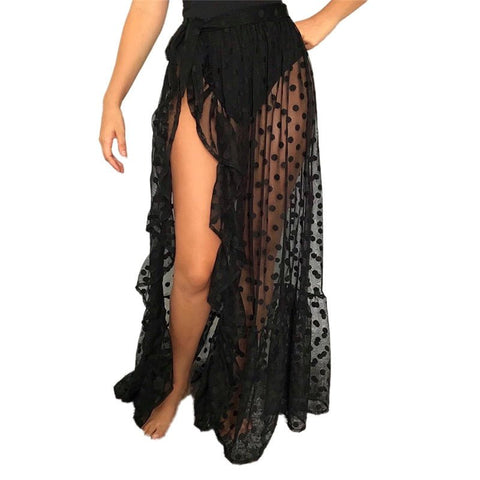 High Waist Sheer Mesh Maxi Skirt Women Transparent Side Split Ruffle Swimwear Cover Up Fashion