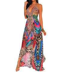 V-Neck Boho Retro Maxi Dress Women Long Casual Beach Vacation Summer Fashion Dress