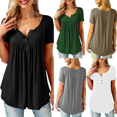 Button Pleated Tunic Top Women V-Neck Short Sleeve Long Loose Casual Everyday Summer Fashion