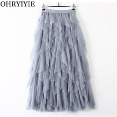 Ruffle Tulle Midi Skirt Women Elegant Tutu Pleated Casual Spring Summer Party Fashion Skirt